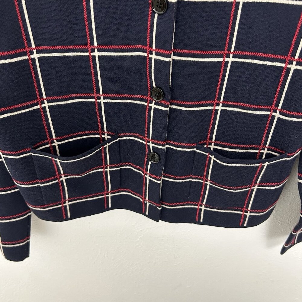 Ann Taylor Cardigan Sweater Windowpane Check Red Blue Button Down Career Size MP - Picture 5 of 10